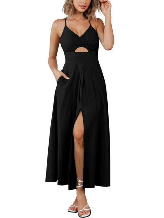 Women Solid Color Side Slit Spaghetti Strap Midi Dress