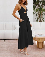 Women Solid Color Side Slit Spaghetti Strap Midi Dress