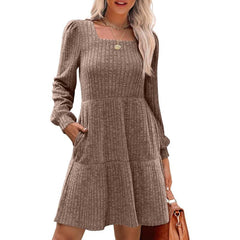 Square Neck Long Sleeve Sweater Dresses With Pockets