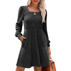 Square Neck Long Sleeve Sweater Dresses With Pockets