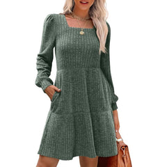 Square Neck Long Sleeve Sweater Dresses With Pockets