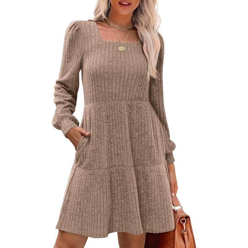 Square Neck Long Sleeve Sweater Dresses With Pockets