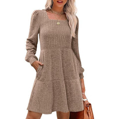 Square Neck Long Sleeve Sweater Dresses With Pockets