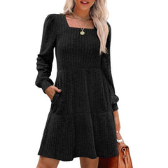Square Neck Long Sleeve Sweater Dresses With Pockets