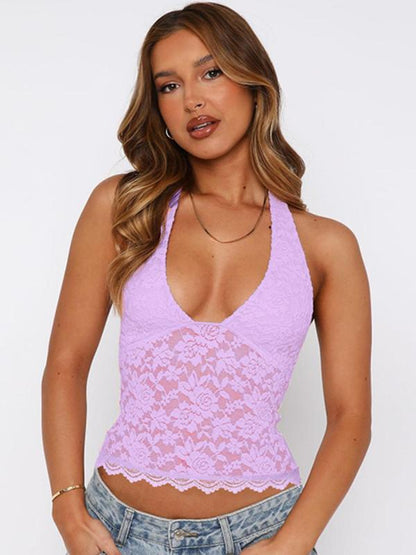 Women's Lace Cami Top Backless Halter Neck Top