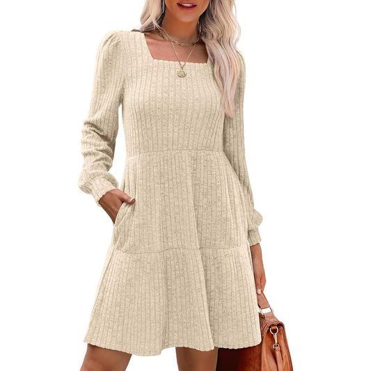Square Neck Long Sleeve Sweater Dresses With Pockets