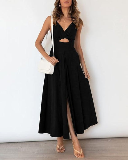 Women Solid Color Side Slit Spaghetti Strap Midi Dress