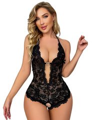 Bridal Floral Lace Scallop Trim Cut Out Sheer Crotchless Sexy Lingerie Wear