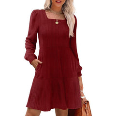 Square Neck Long Sleeve Sweater Dresses With Pockets