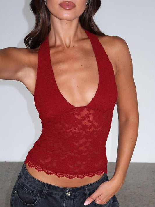 Women's Lace Cami Top Backless Halter Neck Top