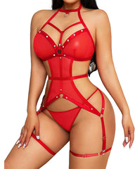 Lingerie Set for Women Mesh Cut Out Bodysuit Sexy Ring Linked Teddy Lingerie with Garter Belt