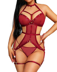 Lingerie Set for Women Mesh Cut Out Bodysuit Sexy Ring Linked Teddy Lingerie with Garter Belt