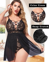 Plus Size Babydoll Womens Snap Crotch Lingerie V Neck Lace Nighty Sleepwear