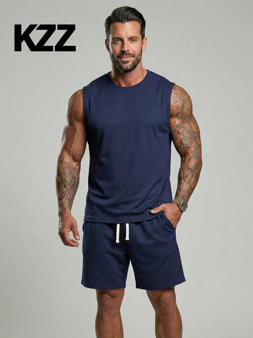 KZZ Men's Solid-Color Ribbed Sleeveless Vest and Shorts Two-Piece Set